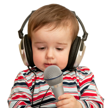 A thoughtful toddler with headphones and microphone is given a speech; closeup; isolated on the white background